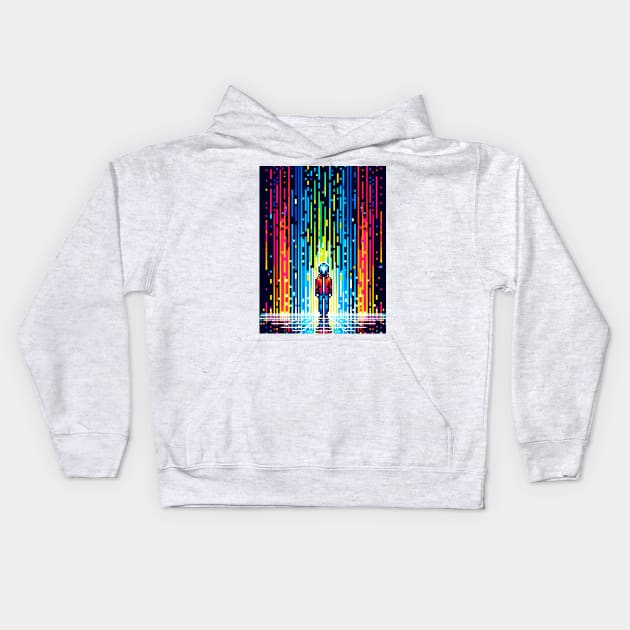 Digital Rain Solace - Vibrant 8-Bit Pixel Art Kids Hoodie by Pixel Punkster